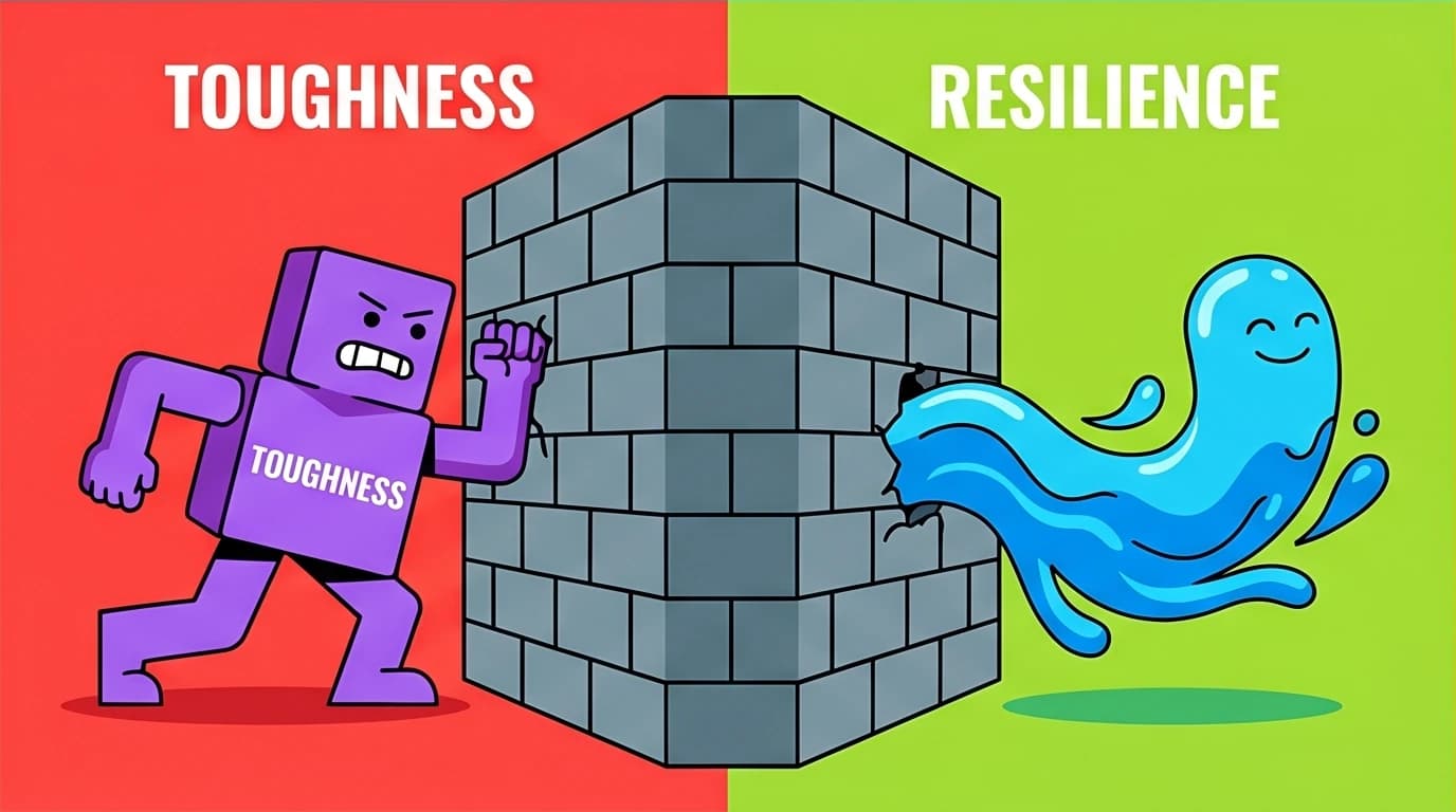 A fluid character flowing past a wall, contrasted with a rigid character hitting it, showing the difference between resilience vs mental toughness.
