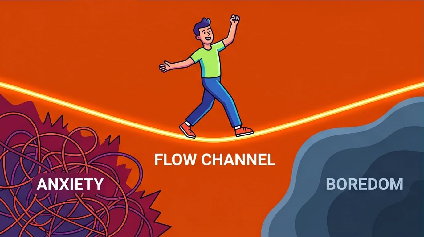 A diagram of Flow Theory showing a person balancing on a tightrope between anxiety and boredom to achieve the optimal experience.