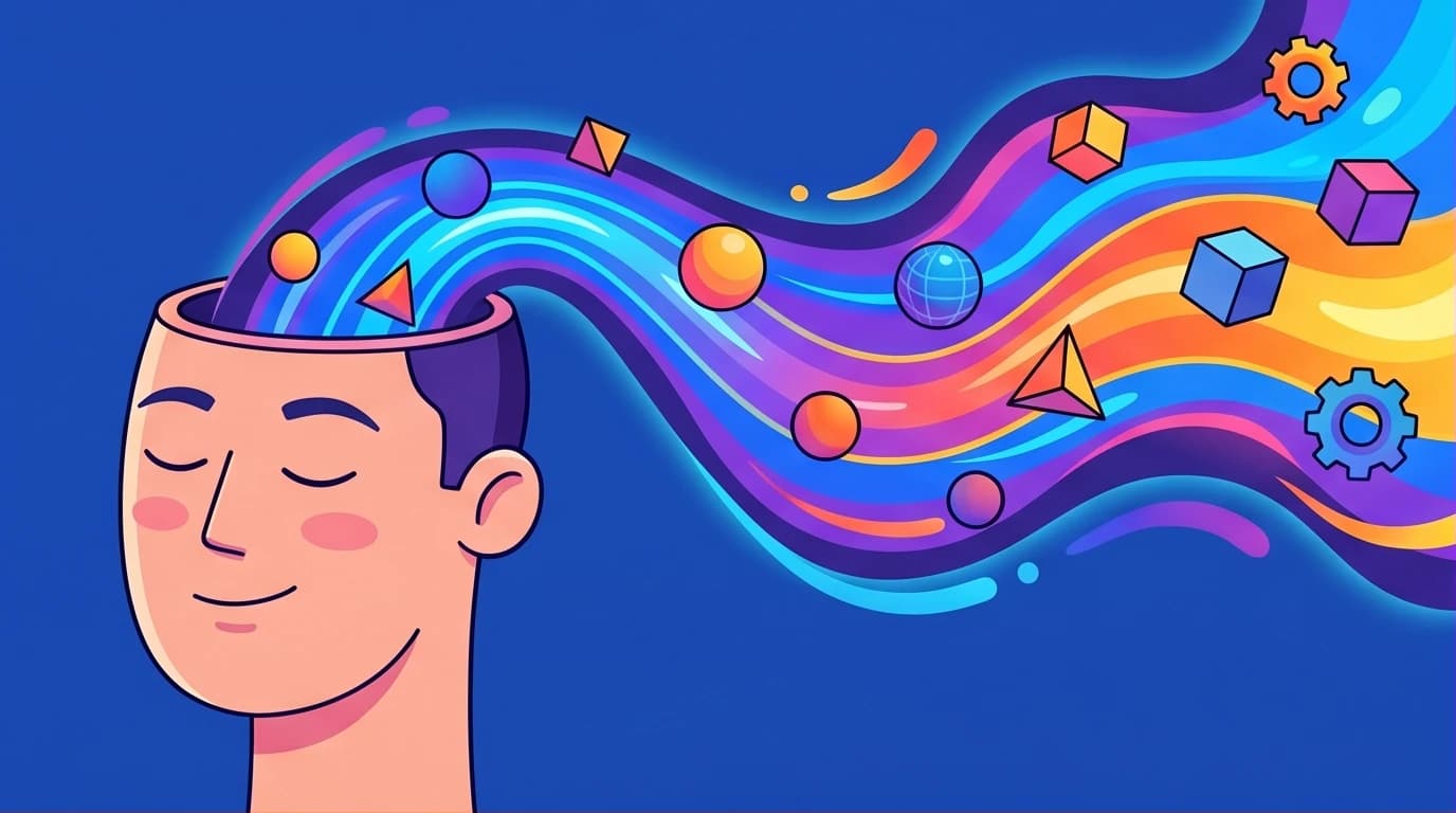 A visual representation of the Flow State theory, showing a person's mind creating a river of pure focus for an optimal experience.