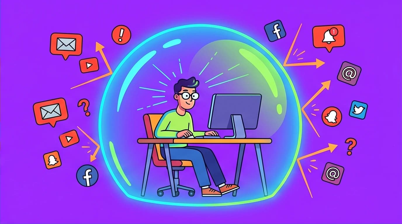 An illustration of a person in a protective bubble, blocking digital distractions to achieve deep focus and high productivity in a Flow State.