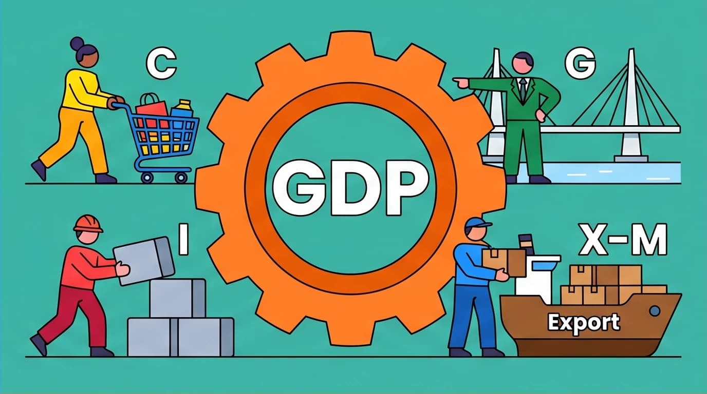A visual breakdown of the GDP formula, showcasing its four components: Consumption (C), Investment (I), Government Spending (G), and Net Exports (X-M).