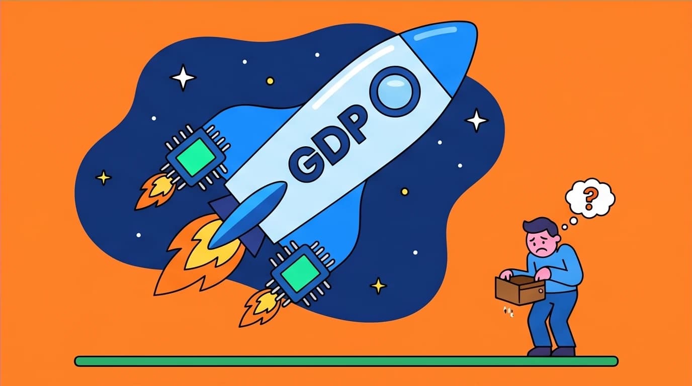 A metaphor for the disconnect between GDP growth and personal income, showing a huge rocket leaving behind a person with an empty wallet.