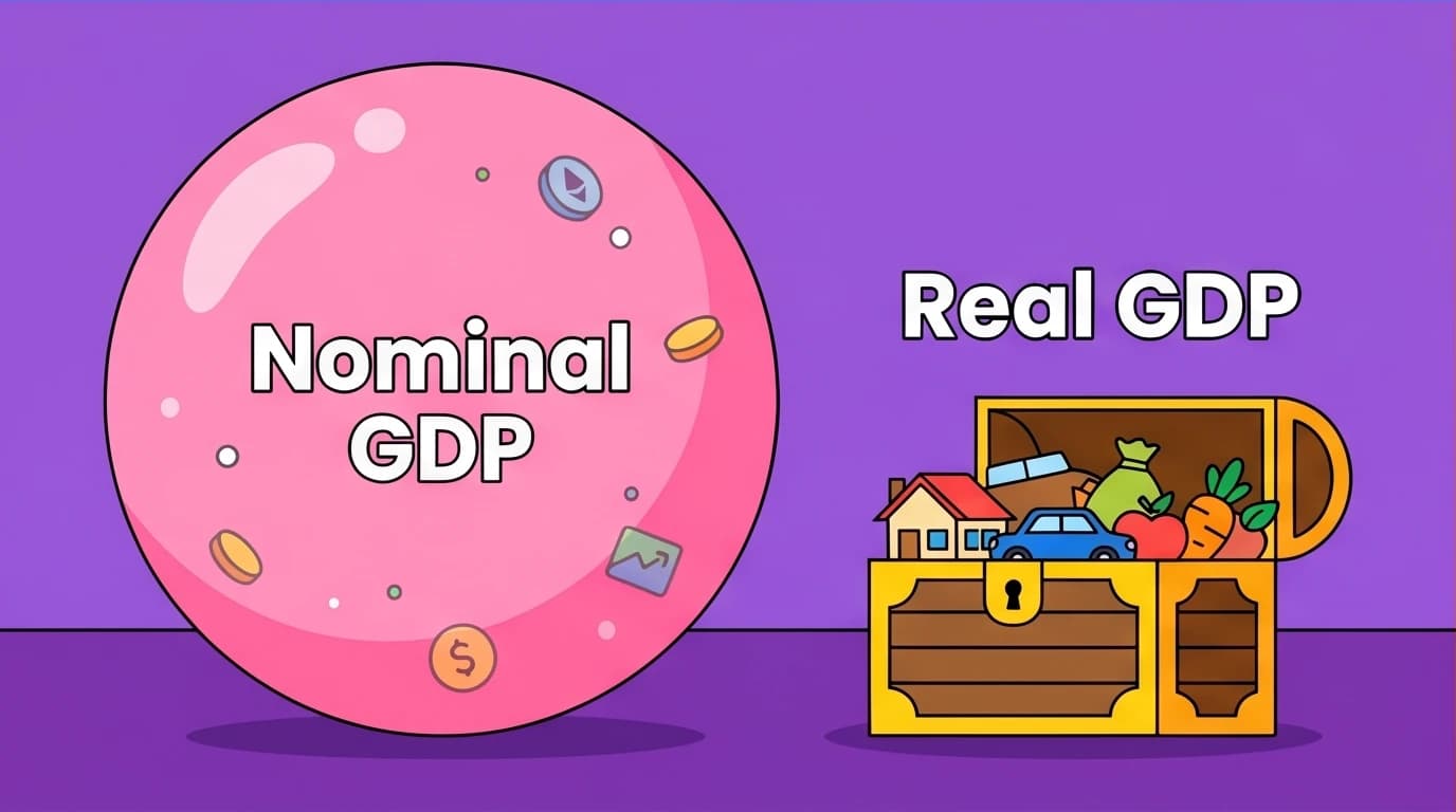 An illustration comparing Nominal GDP vs Real GDP, using a bloated bubble and a solid treasure chest to show the effect of inflation on economic data.