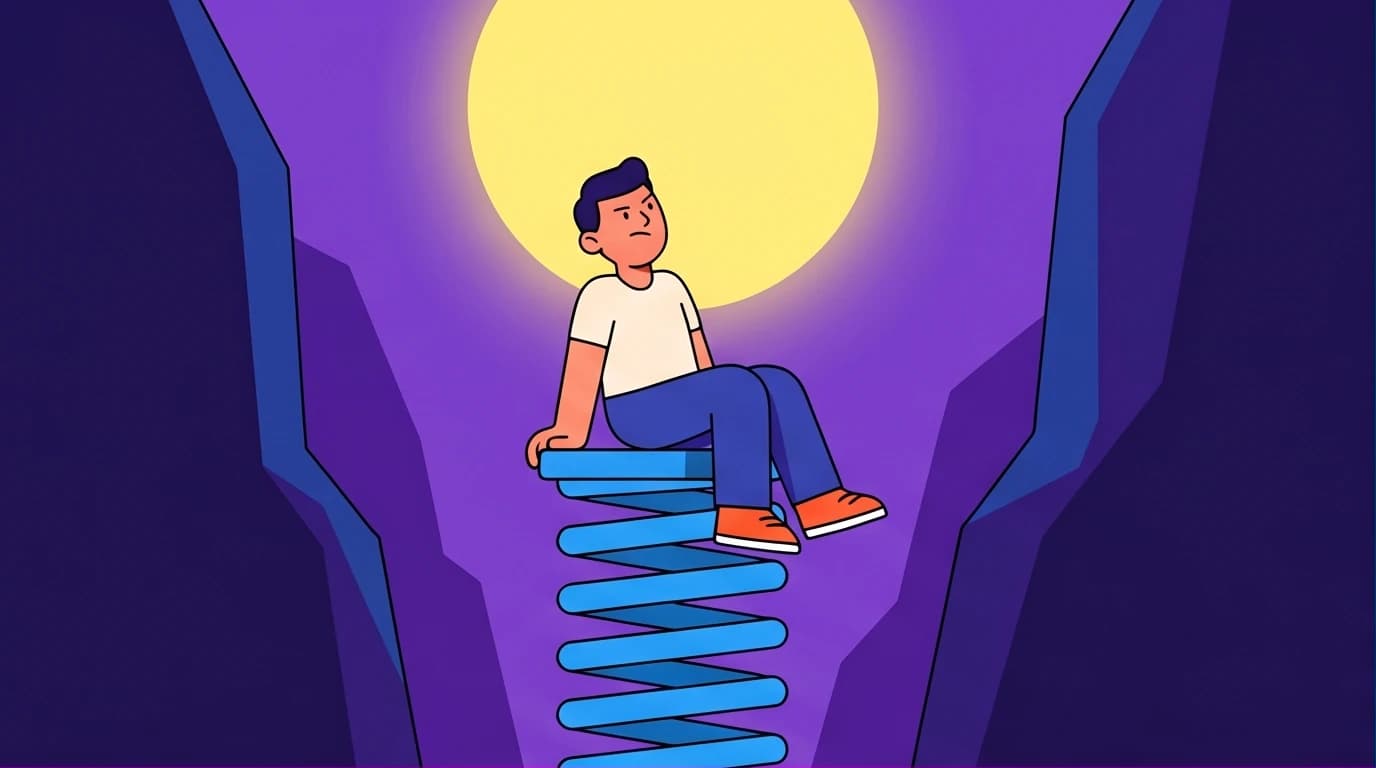 An illustration of a person on a giant spring in a valley, symbolizing the core concept of psychological resilience and bouncing back from adversity.