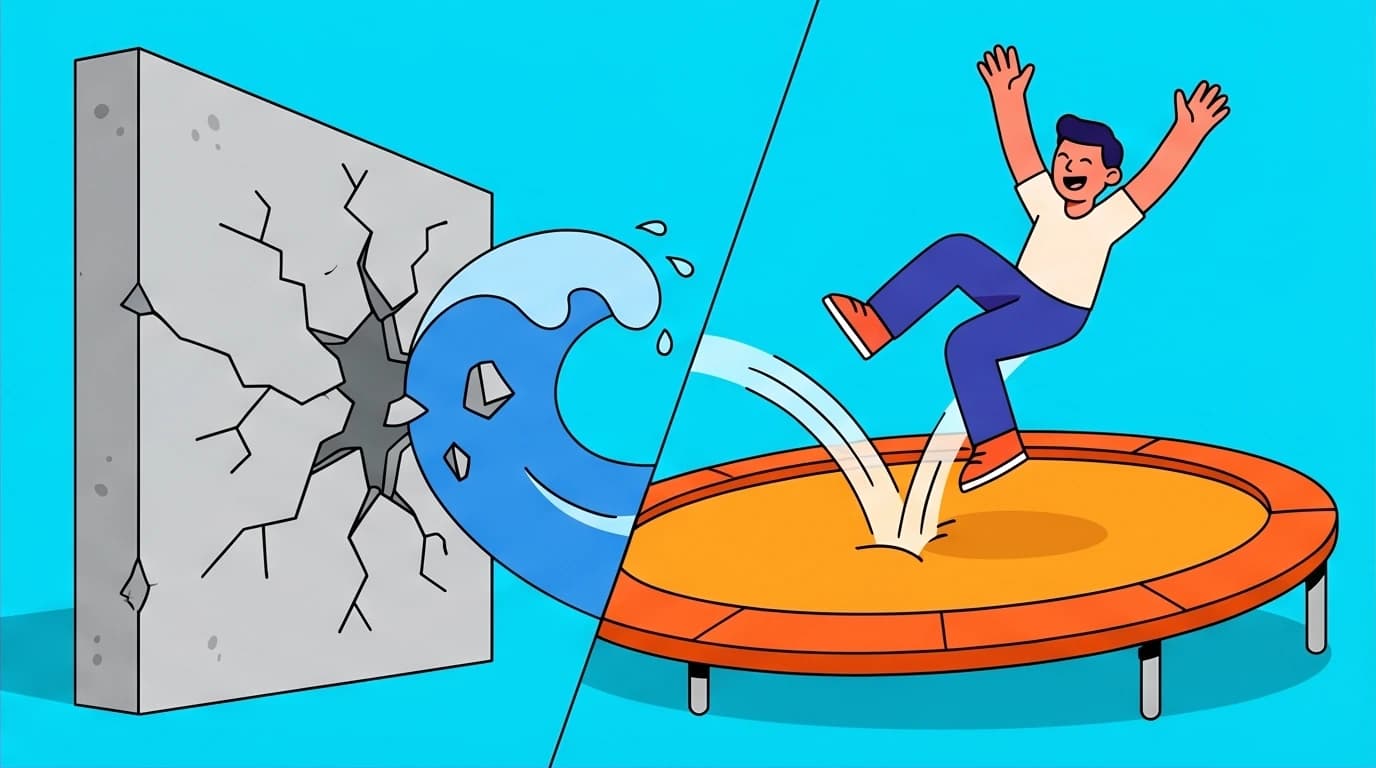 A visual metaphor comparing a cracking wall (frustration tolerance) with a person on a trampoline (psychological resilience) to show different coping strategies.