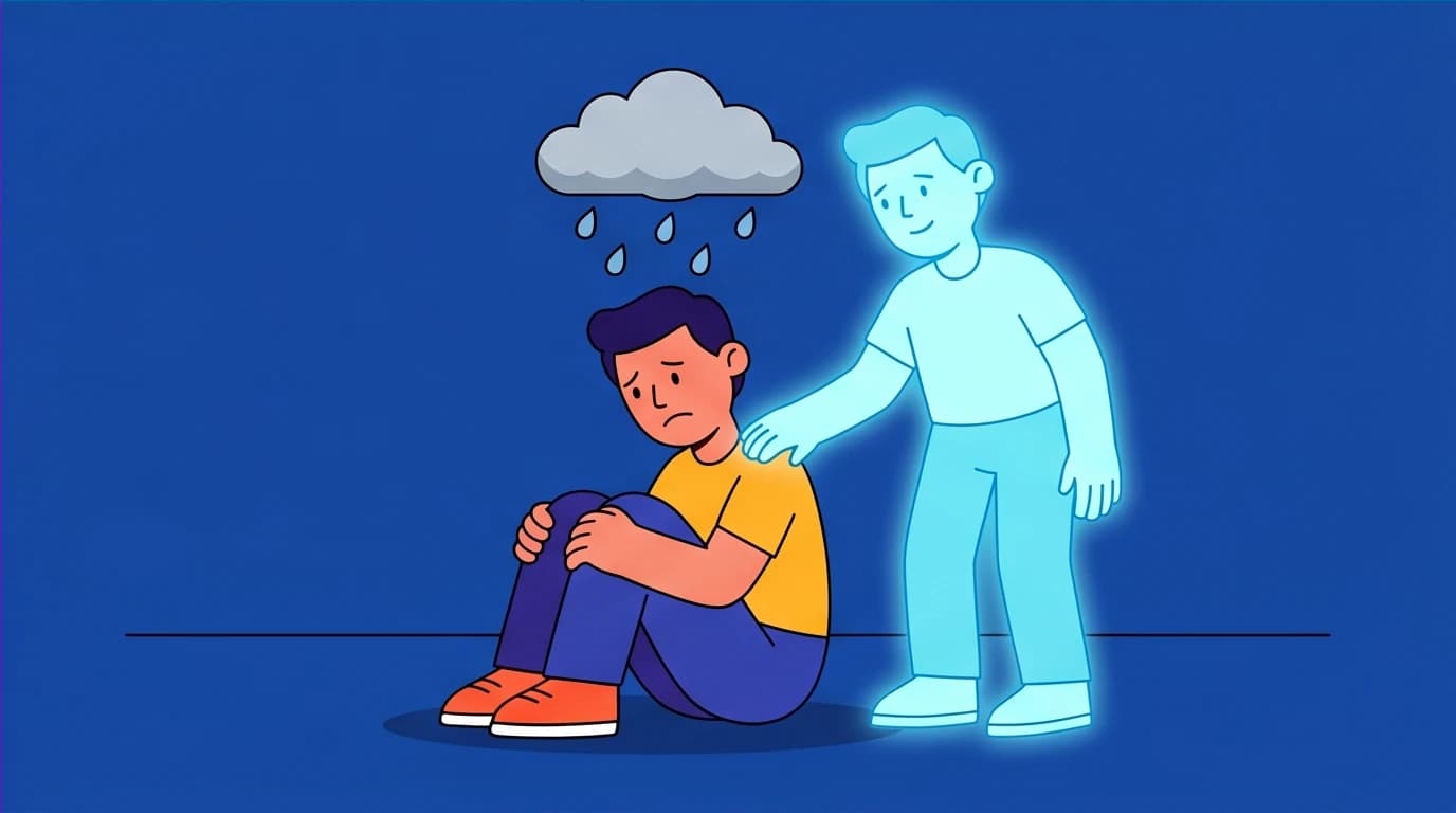 An emotional illustration demonstrating self-compassion, where a character comforts their own dejected self, a key practice for building psychological resilience.
