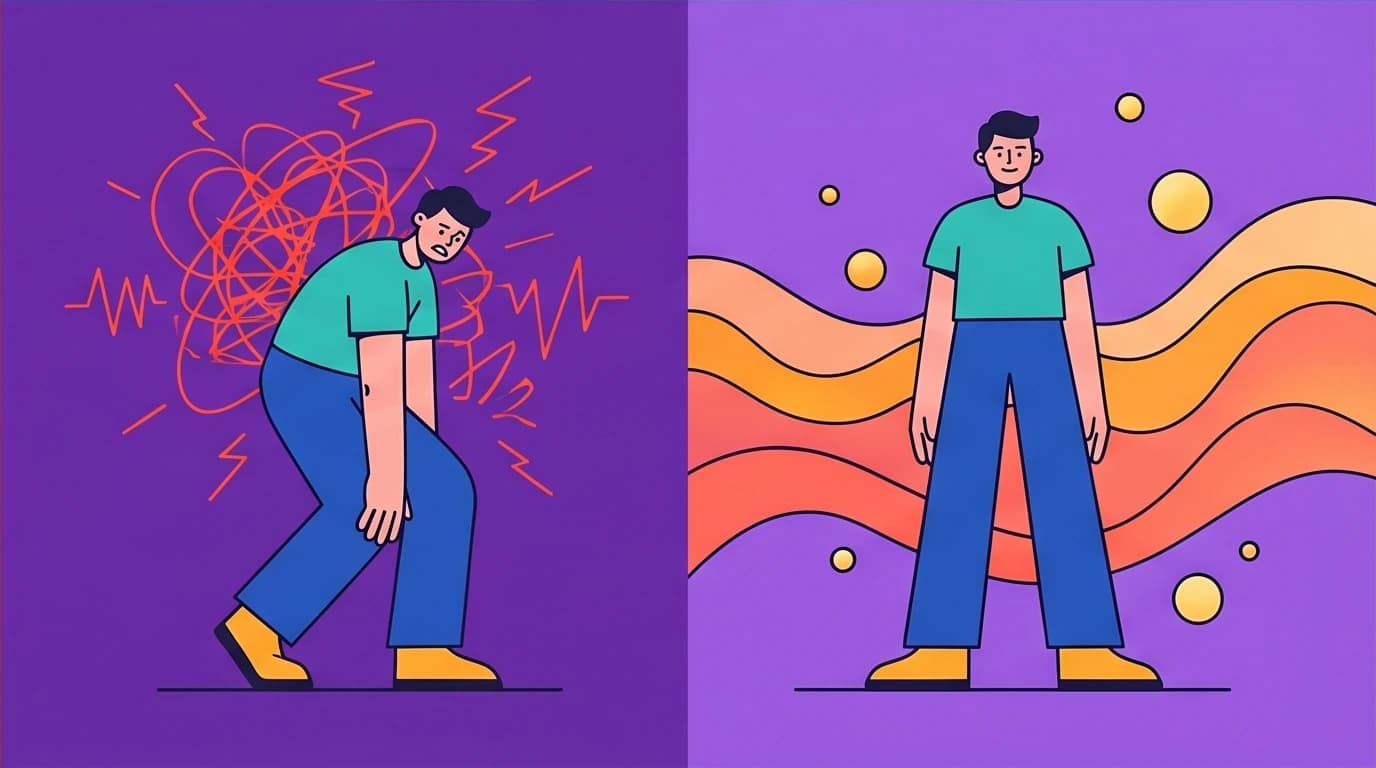 A person experiencing the benefits of mindful self-compassion, transitioning from a state of stress and high cortisol to one of calm and motivation.