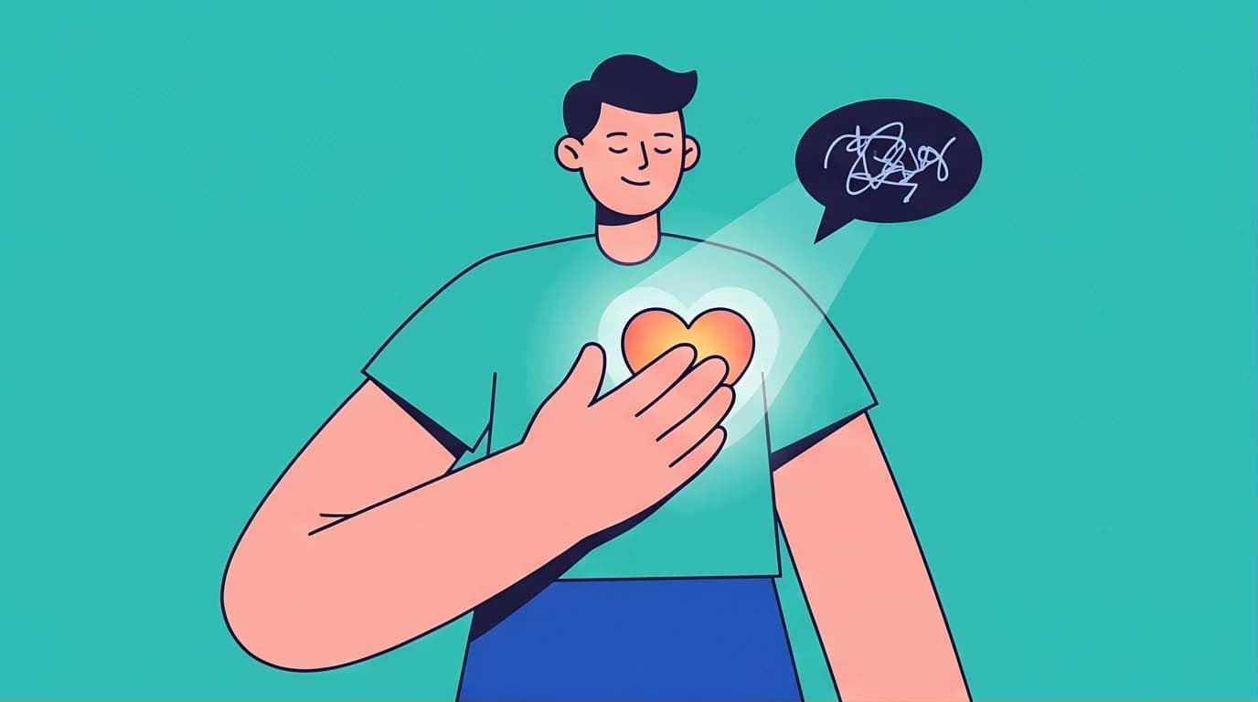 An illustration showing a person practicing mindful self-compassion by calming their inner critic, leading to emotional resilience.