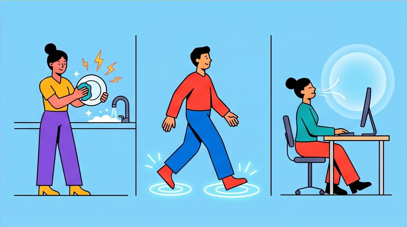 An illustration of simple mindfulness meditation exercises for beginners, showing how to practice focus and stress reduction in daily life activities like walking or working.