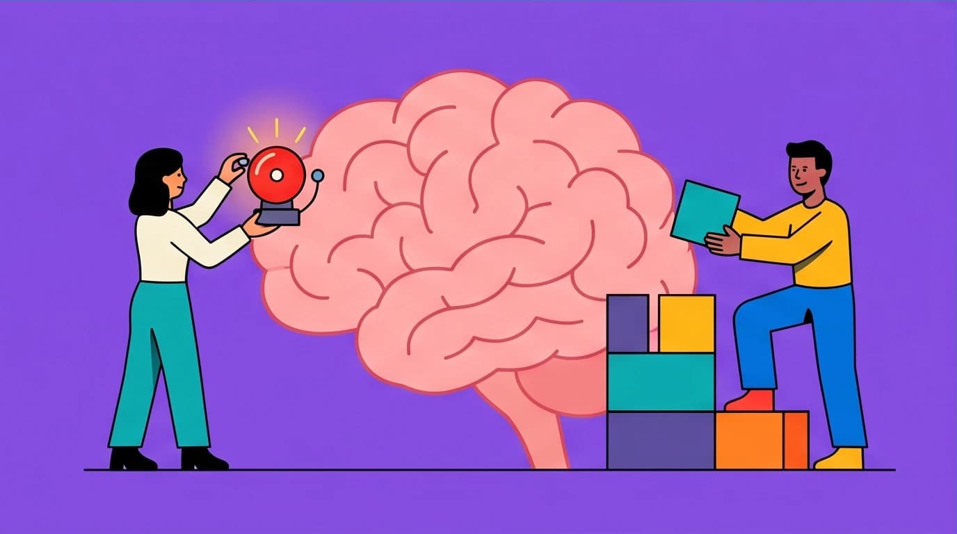 A brain scan illustration showing the scientific benefits of mindfulness meditation: shrinking the amygdala to reduce anxiety and thickening the prefrontal cortex to improve focus.