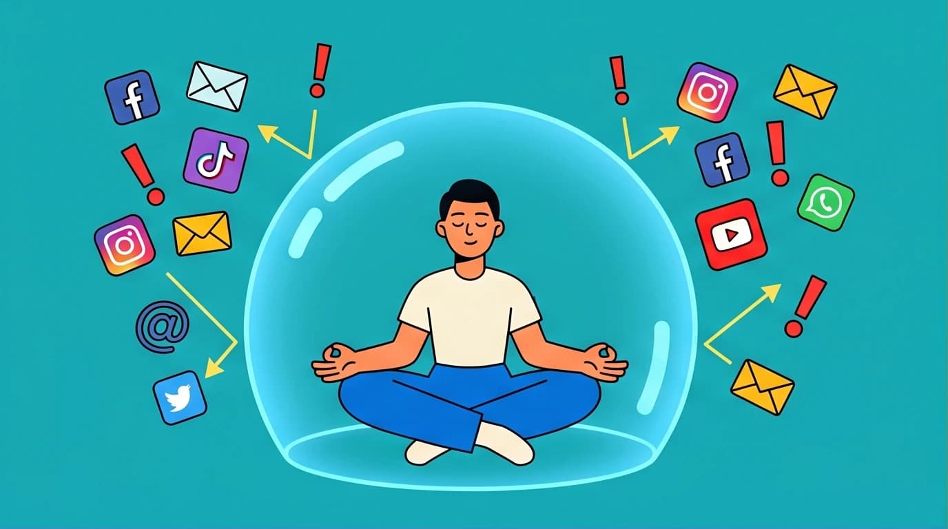 A person practicing mindfulness meditation to find calm and reduce stress amidst a chaotic storm of digital notifications and modern anxiety.