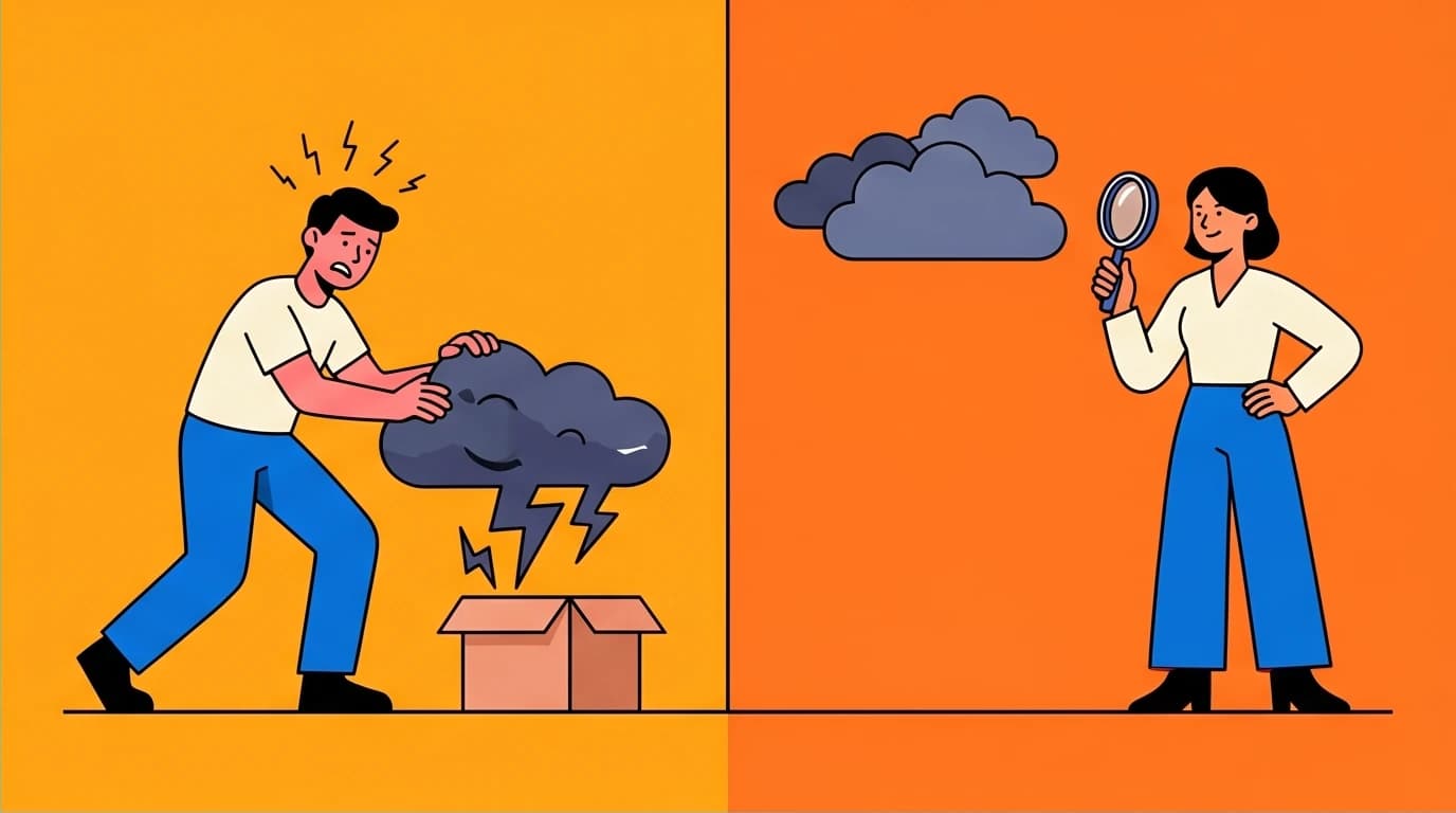 Illustration showing the difference between mindfulness and positive thinking: observing thoughts calmly versus forcefully suppressing negative emotions.