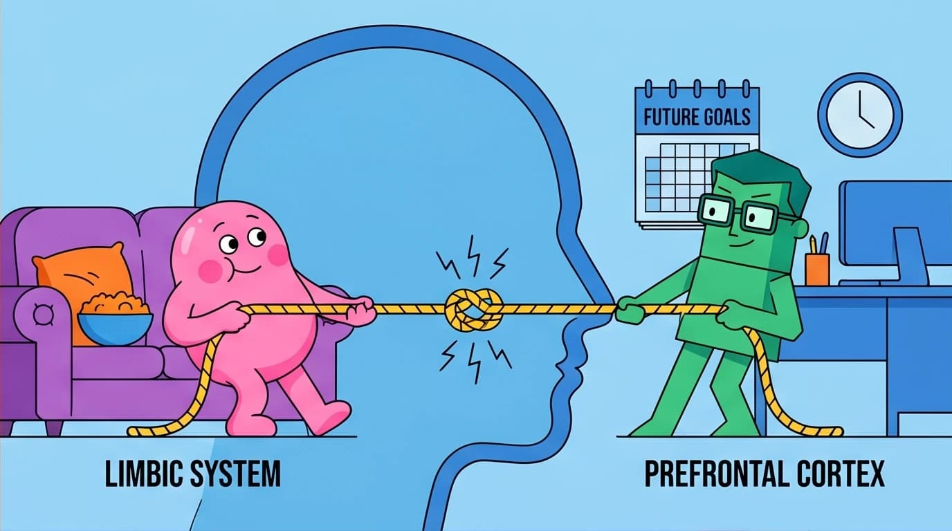 A conceptual illustration of the psychology of procrastination, showing a tug-of-war inside a brain between the emotional limbic system and the rational prefrontal cortex.