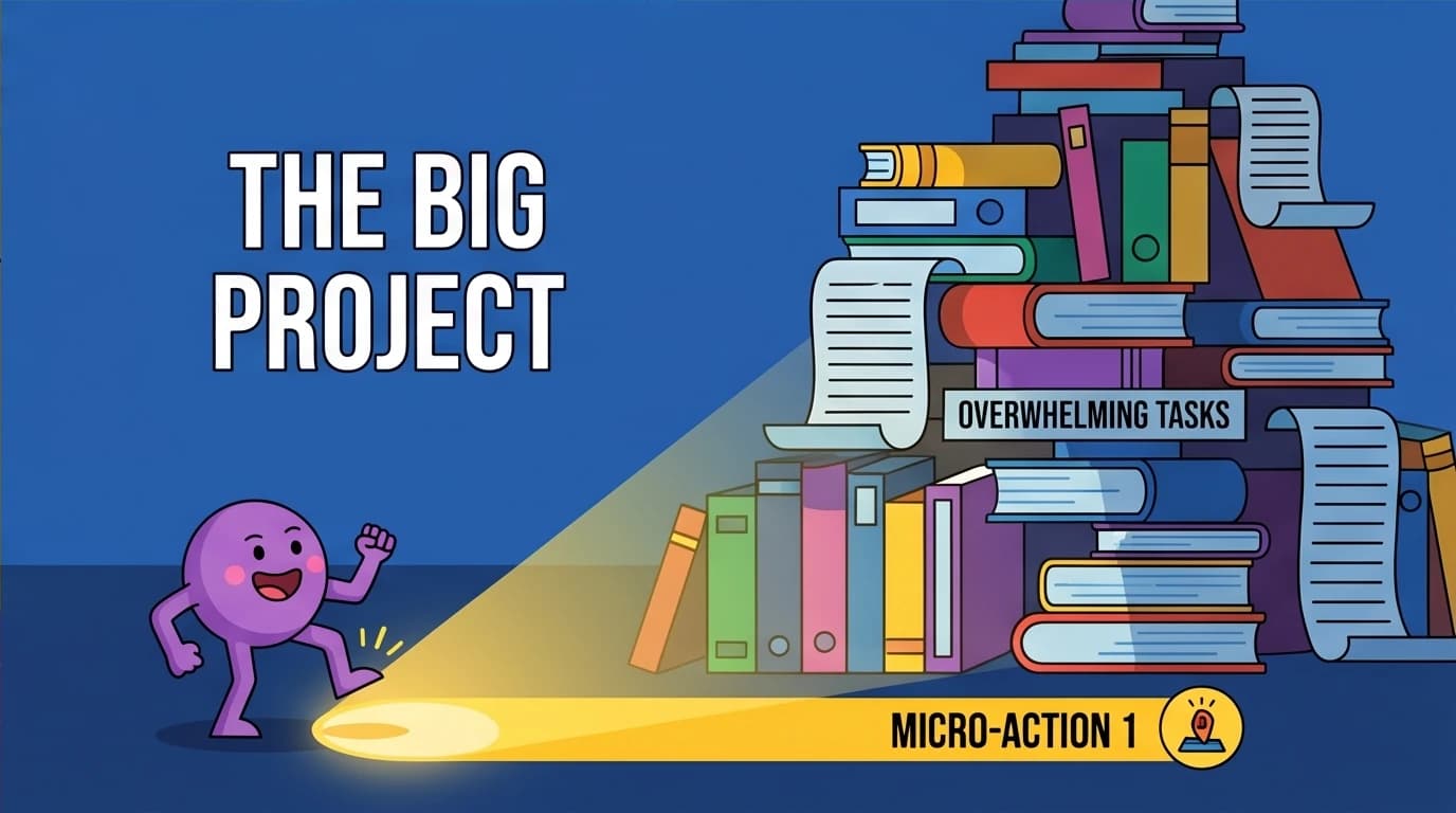 An illustration showing a scientific solution to stop procrastinating, with a person taking a tiny first step to tackle a mountain-sized project, representing the 5-minute rule.