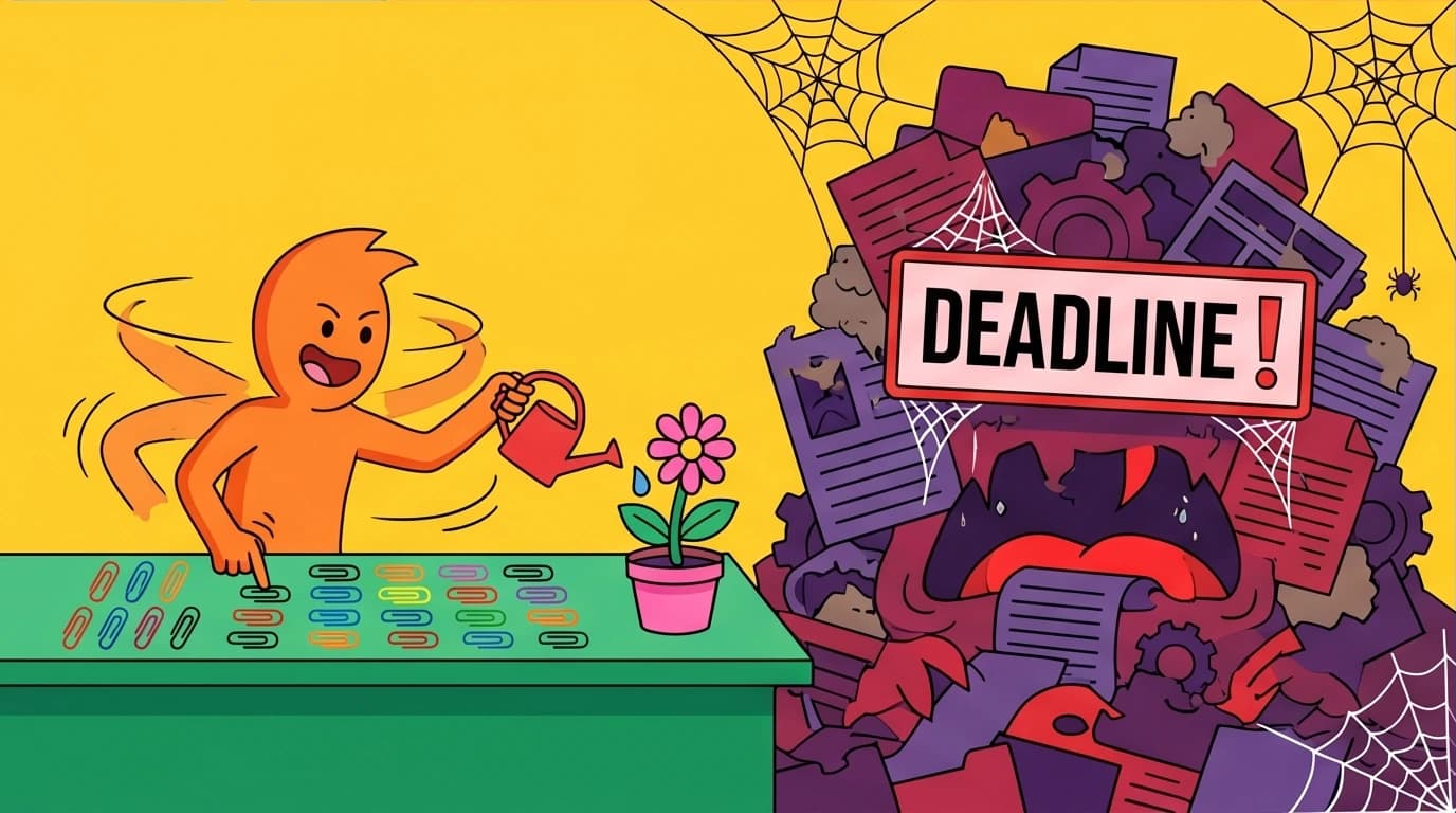 An illustration of a common procrastination symptom called productive procrastination, where a person avoids a huge task by doing many small, unimportant chores.