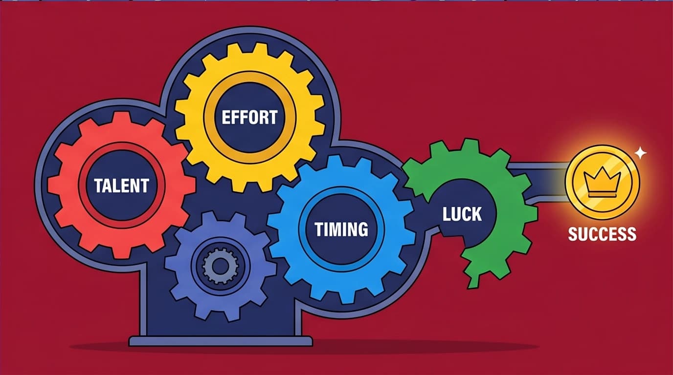 A conceptual image of luck vs hard work for outliers, showing success as a multiplicative formula of talent, effort, timing, and luck.