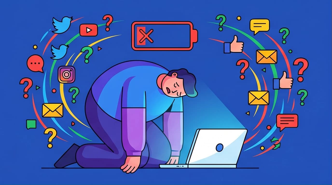 An illustration of a person experiencing a low-energy state due to mental friction and digital burnout, a key theme in the self-help guide.