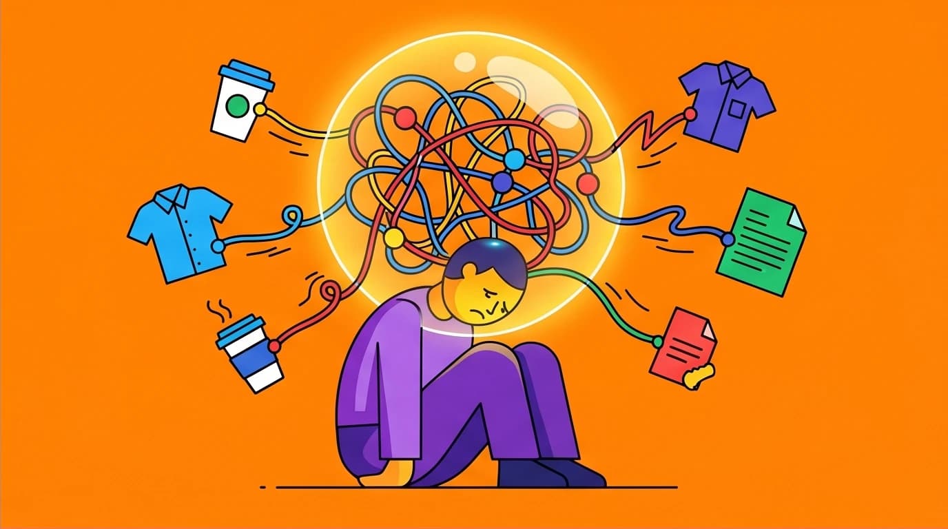 A visual metaphor for mental friction, showing how invisible daily decisions and anxieties drain energy and lead to a low-energy state.