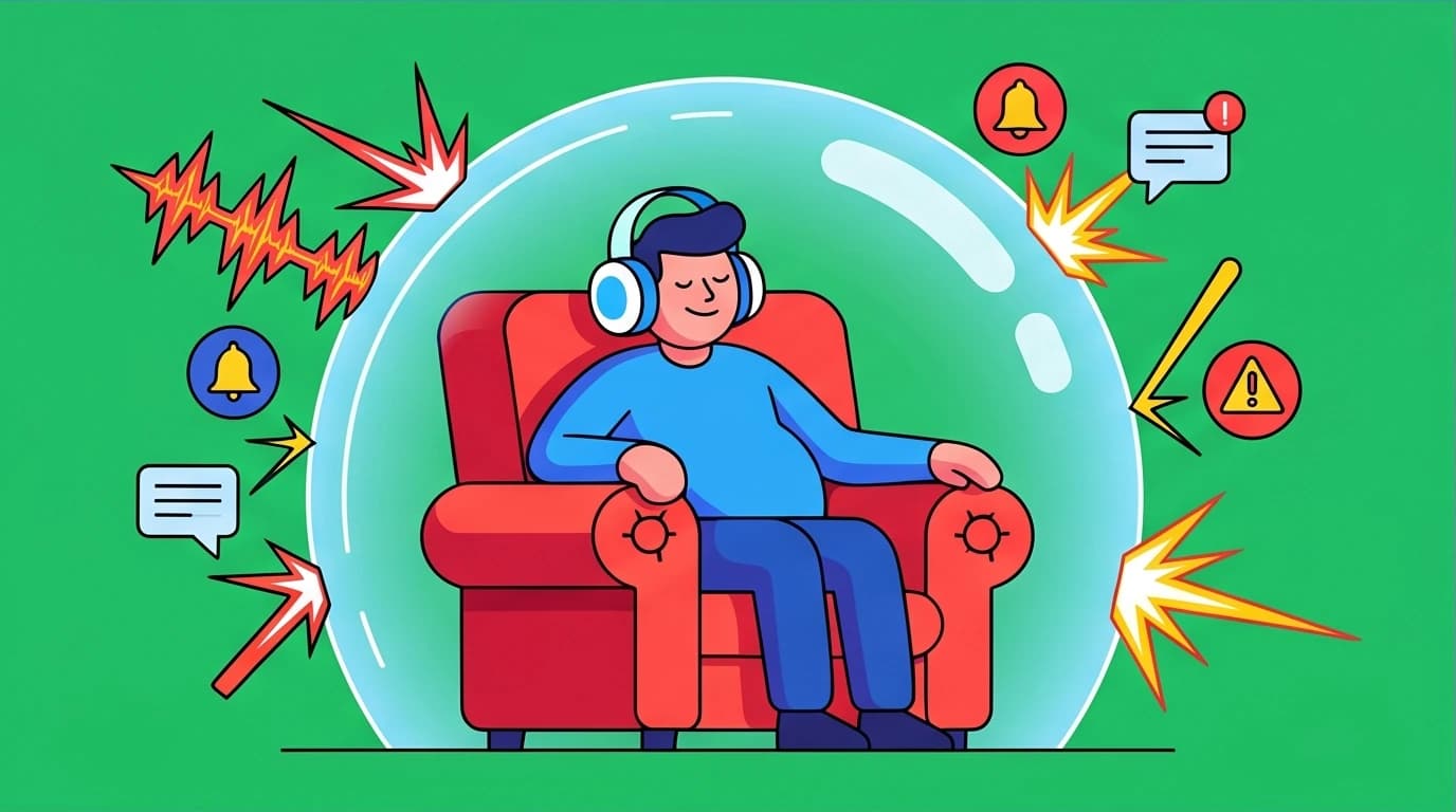 A character using sensory deprivation as a quick charging method, blocking out digital distractions to recover from mental and physical exhaustion.