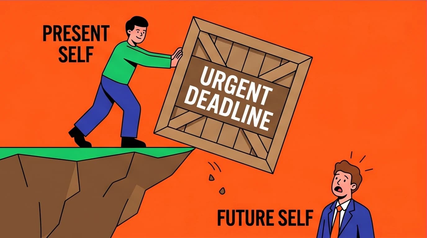 An illustration of the 'future self' disconnect, a psychological cause of procrastination where a person burdens their future self.