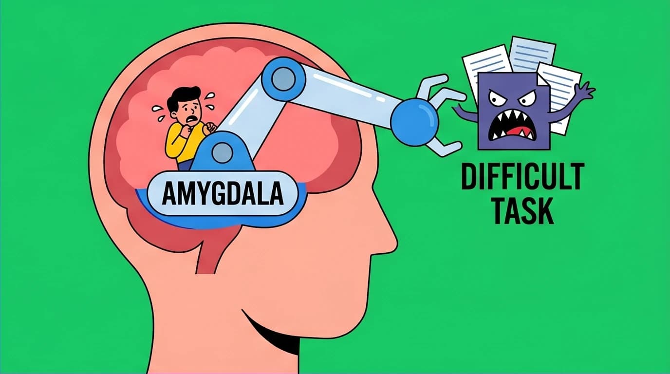A diagram showing the psychology of procrastination, with the brain's amygdala treating a difficult task as an immediate threat.