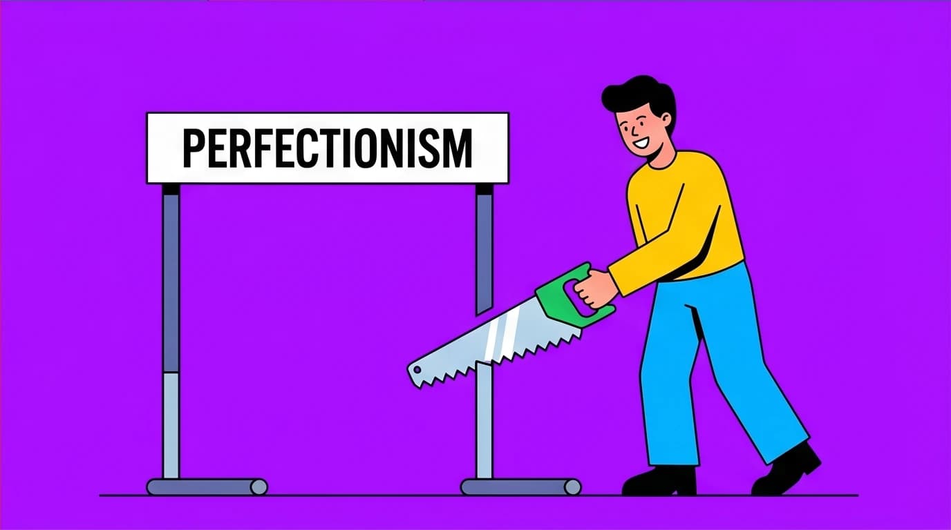 A person overcomes procrastination by lowering an impossibly high bar labeled 'perfectionism,' making a task easier to start.
