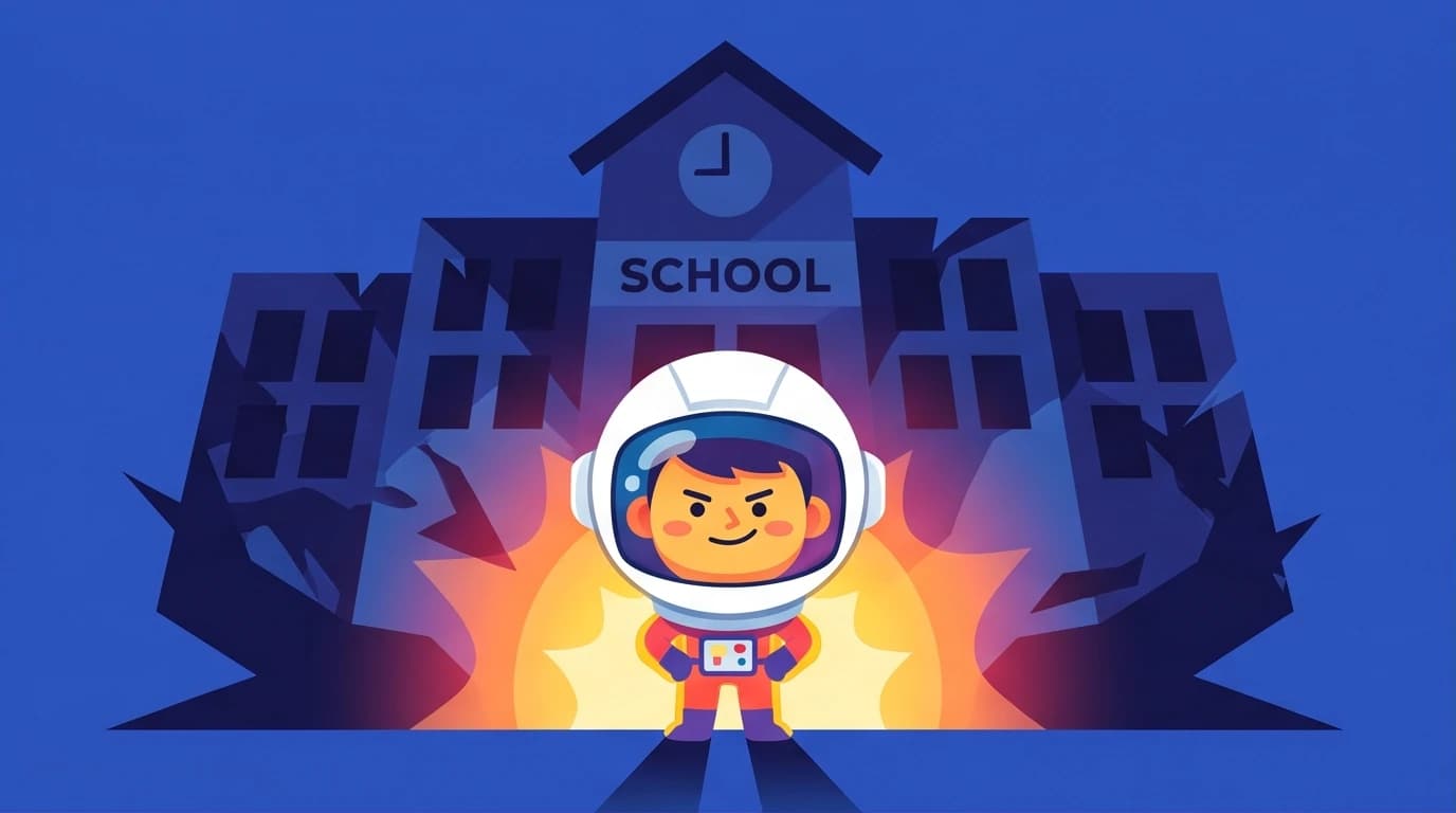 An illustration of a courageous child in an astronaut helmet facing a large school, symbolizing the themes of courage and kindness in the 'Wonder' book review.