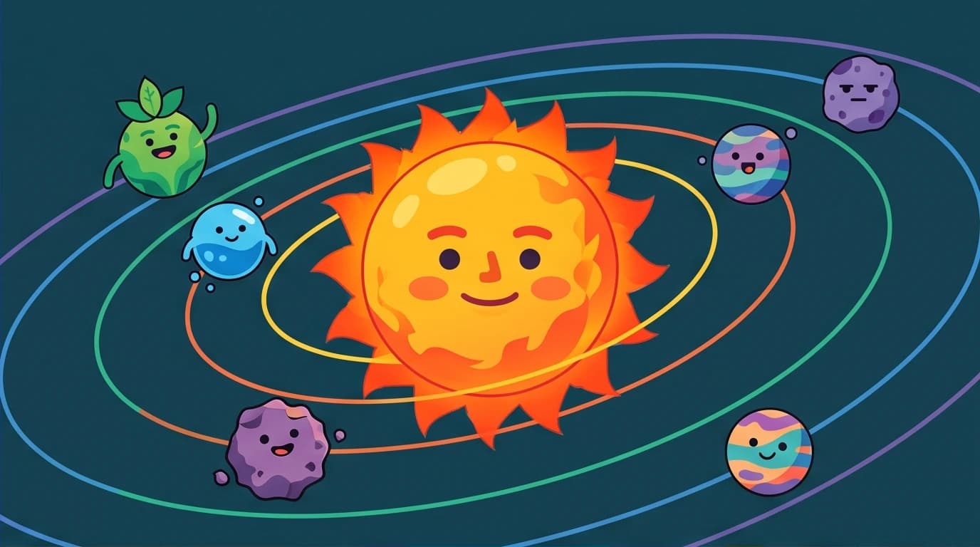 A visual metaphor of Auggie as the sun with family as planets, illustrating the multi-perspective narrative in the book 'Wonder'.