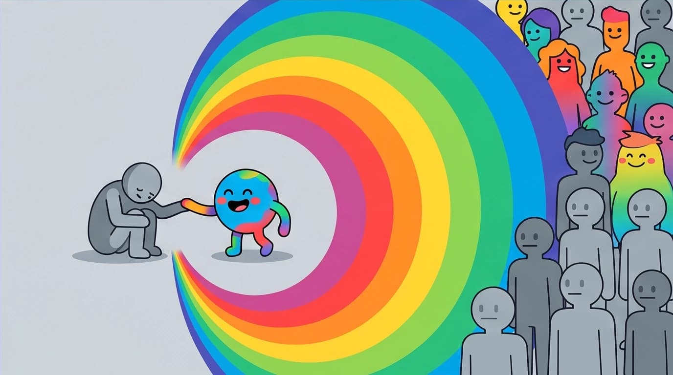 An illustration showing a small act of kindness creating a ripple effect, breaking the bystander effect, a key lesson from 'Wonder' on anti-bullying.