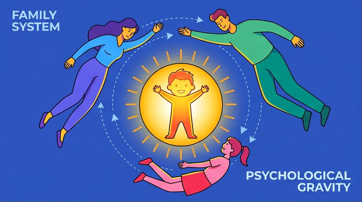 An illustration for a 'Wonder' character analysis showing a family system orbiting a central child, representing family psychology and emotional dynamics.