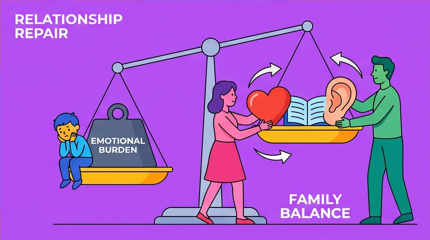 Family members balancing a scale, a metaphor for the relationship repair guide and restoring balance in a family with a special needs child.