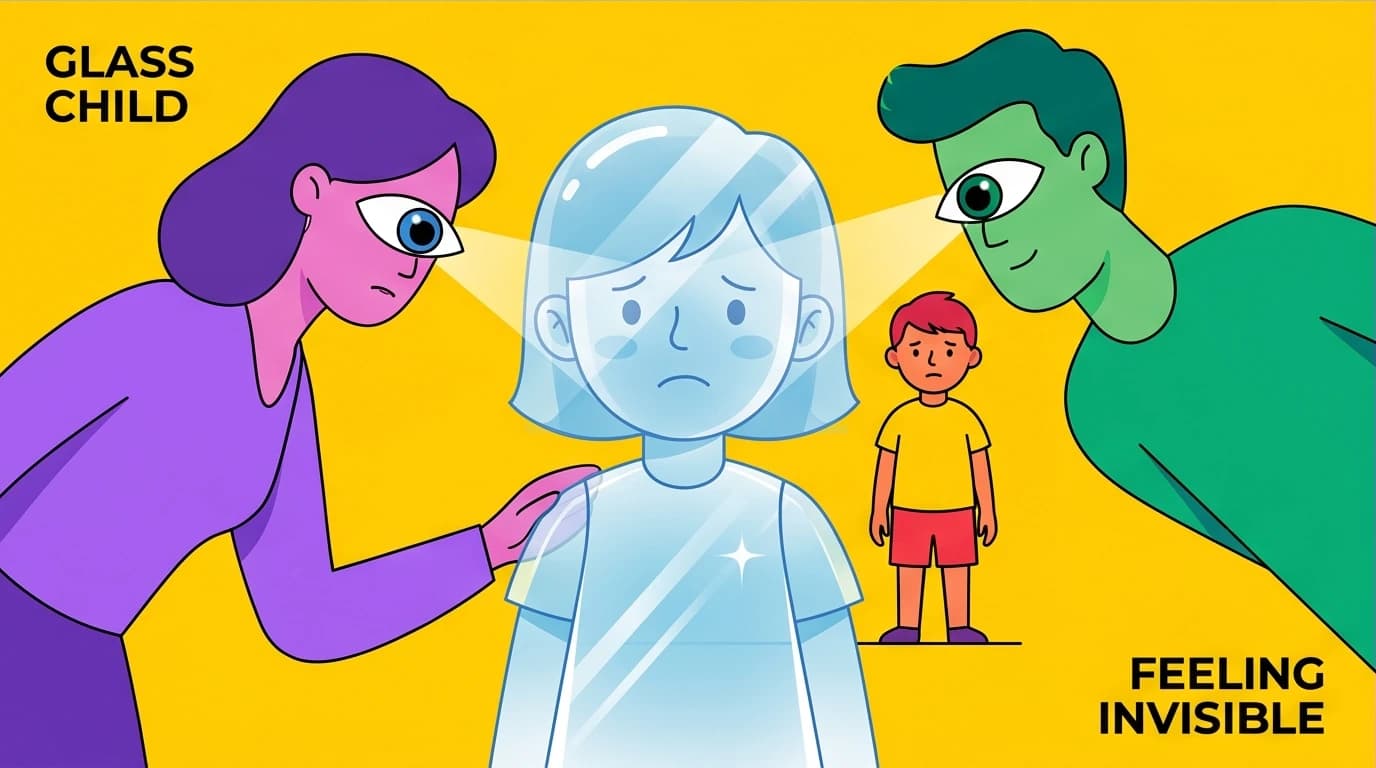 A transparent 'Glass Child' being overlooked by parents, illustrating the sibling's perspective in the 'Wonder' family psychology analysis of Via.