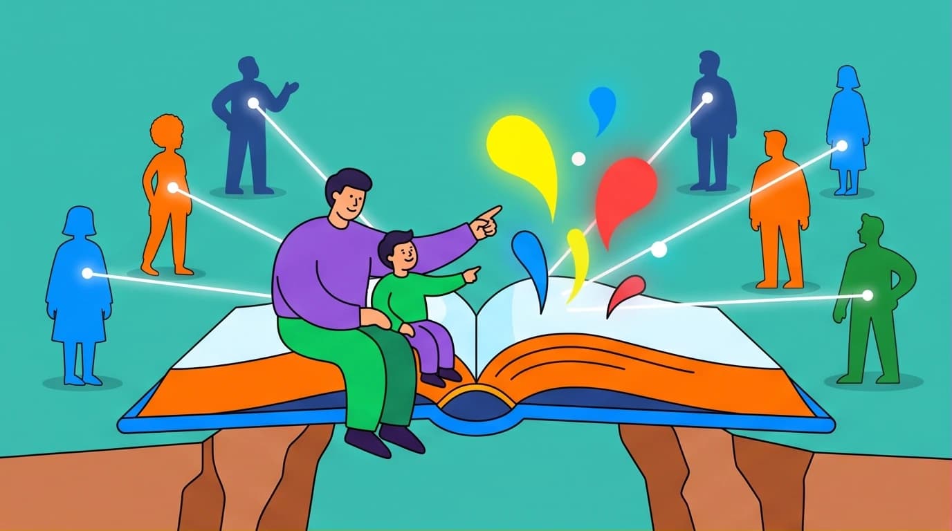 A parent and child using the book 'Wonder' for character education, creating a bridge to empathy and understanding to deal with school bullying.