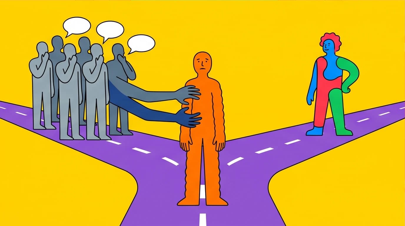 A visual metaphor for peer pressure, showing a child's difficult choice between a judging group and a true friend, a core lesson in 'Wonder' for parents.