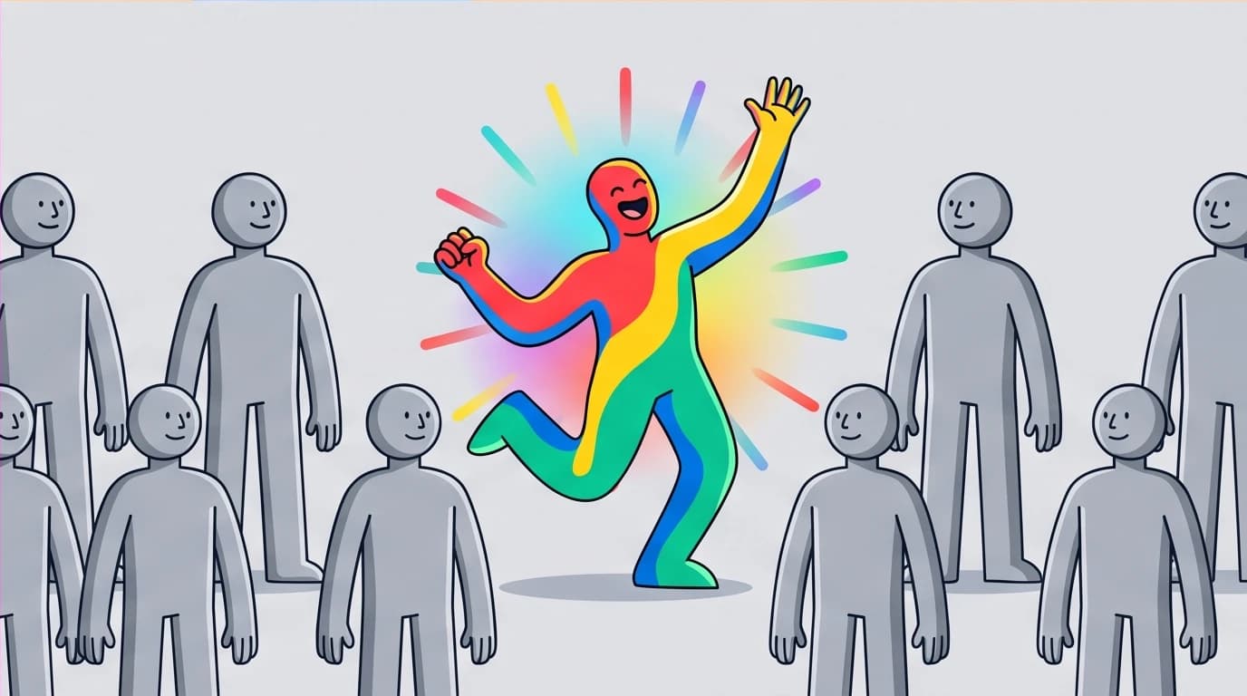 A unique character stands out from a generic crowd, illustrating the Wonder Boy quotes about self-acceptance and embracing your uniqueness.