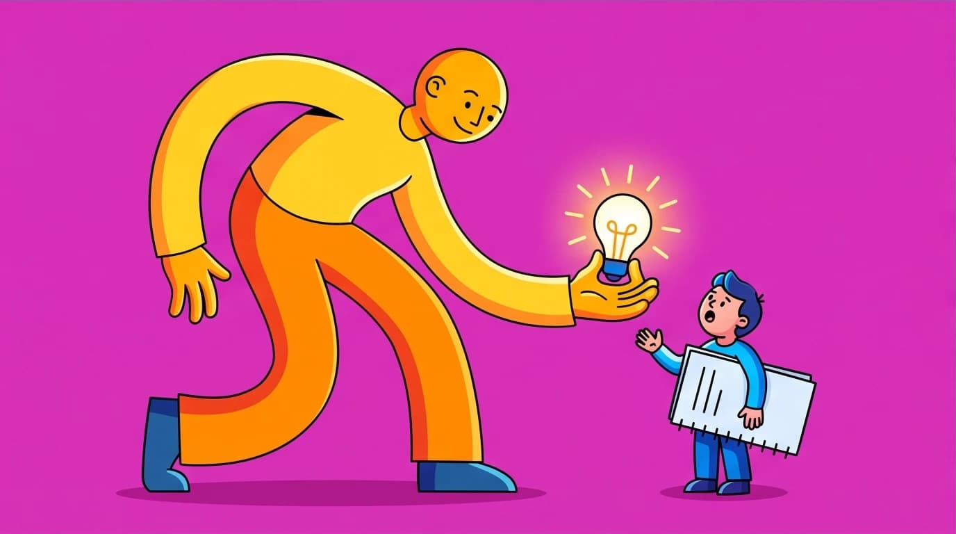 A giant teacher gives a small student a lightbulb of wisdom, visualizing Mr. Browne's monthly precepts from the book Wonder Boy.