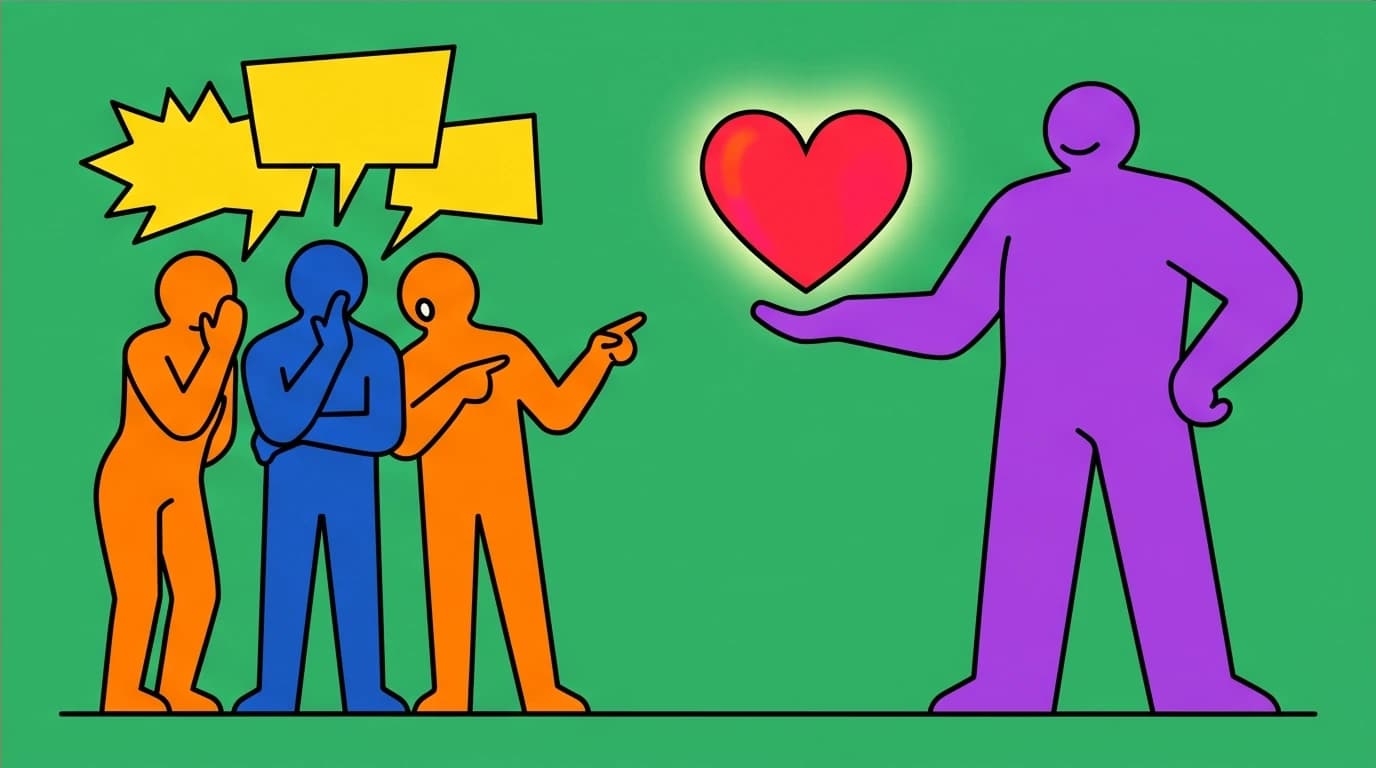An illustration symbolizing the 'choose kind' message from 'Wonder,' contrasting judgment with acceptance for people with rare diseases.