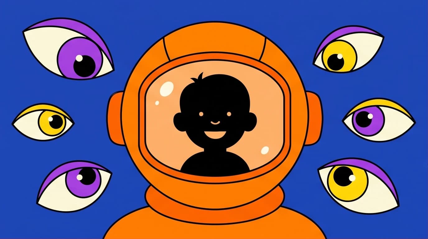 An illustration of an astronaut helmet surrounded by judging eyes, representing the real story of 'Wonder' and living with Treacher Collins Syndrome.