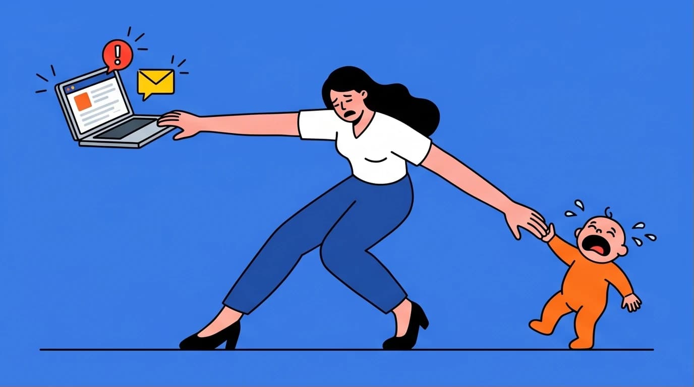 An illustration of an ambitious working mom feeling guilty and overwhelmed, balancing a laptop and a child to represent strategies for managing work and family.