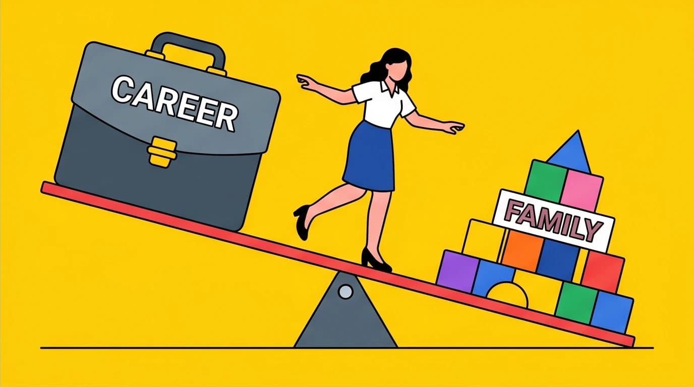 A woman on a seesaw illustrates the myth of perfect 50/50 work-life balance, a core cause of working mom guilt for ambitious women.