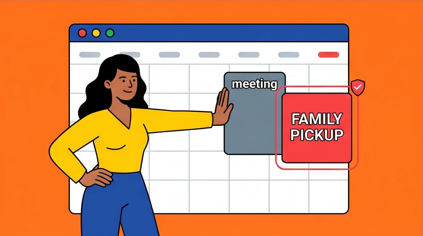 A working mom uses a color-coded calendar to set boundaries, a key time management strategy to protect family time and achieve balance.