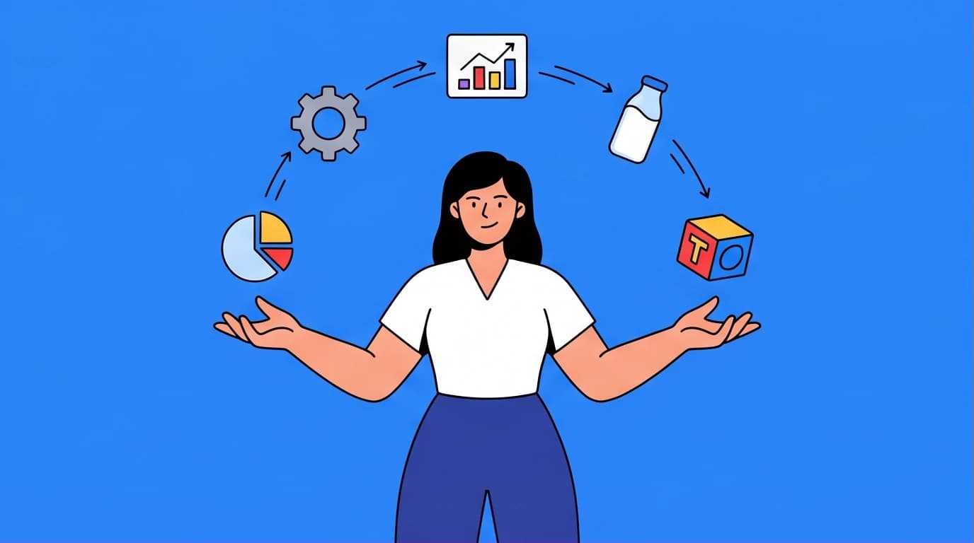 A confident working mom showcasing her leadership skills by effortlessly balancing symbols of her career and family life.