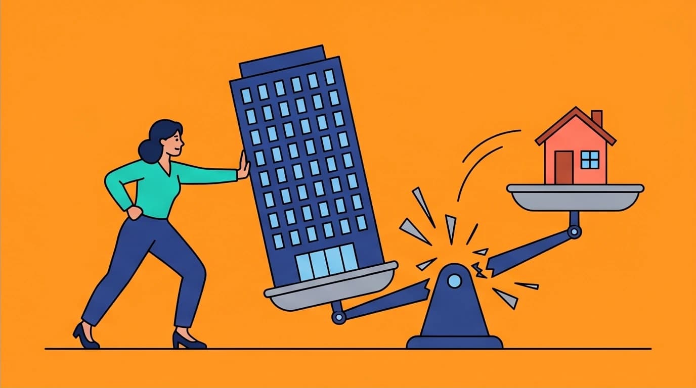 A woman topples an unbalanced scale, a visual metaphor for rejecting the 50/50 myth and achieving a realistic working mom work life balance.