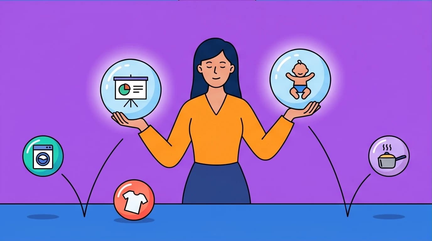 Visual of the 'drop the ball' strategy where a mom prioritizes critical tasks (glass balls) over non-essential ones to beat burnout.