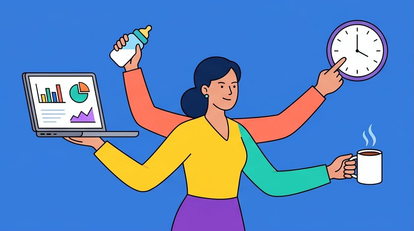 An illustration of a working mom thriving with a new strategy for work life balance, managing career and home tasks to prevent burnout.