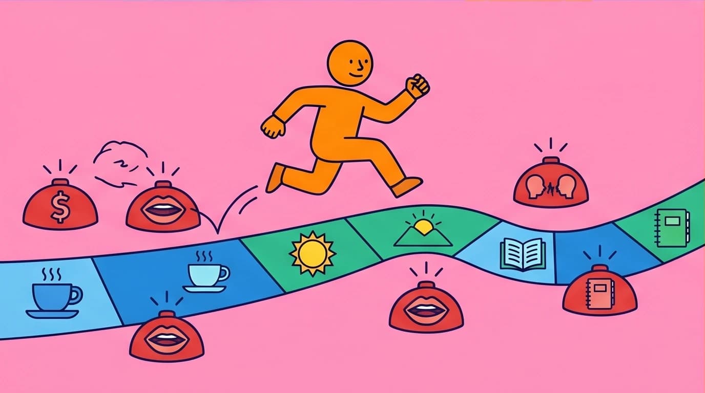 A character navigating safe workplace conversation topics and avoiding taboo subjects to improve communication skills.