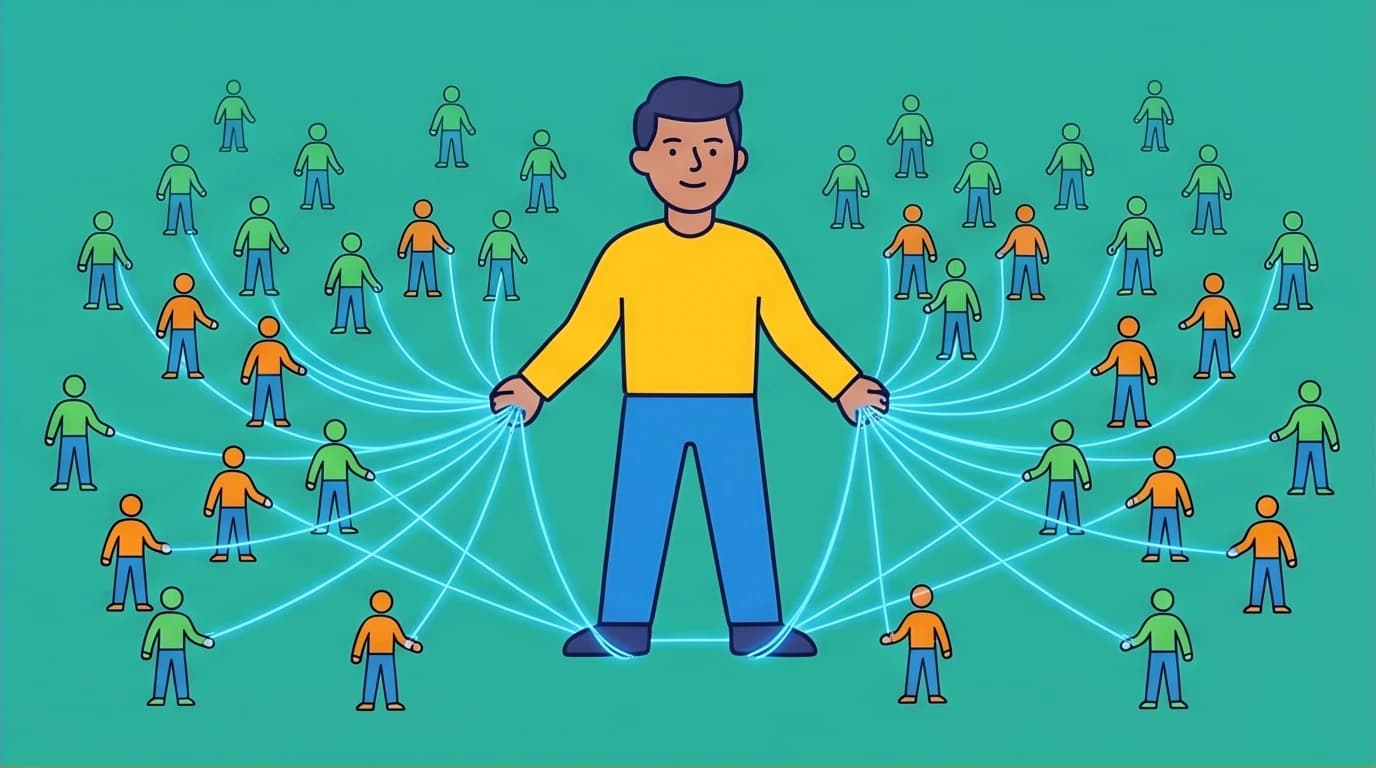 A visual metaphor for the power of weak ties in business networking, building trust through office communication.