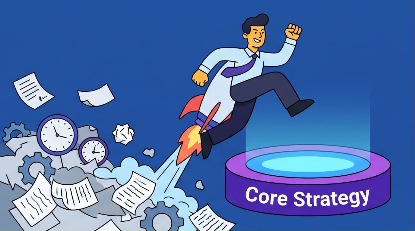 A professional using core strategy to boost workplace competitiveness, escaping the trap of unproductive busy work for career growth.