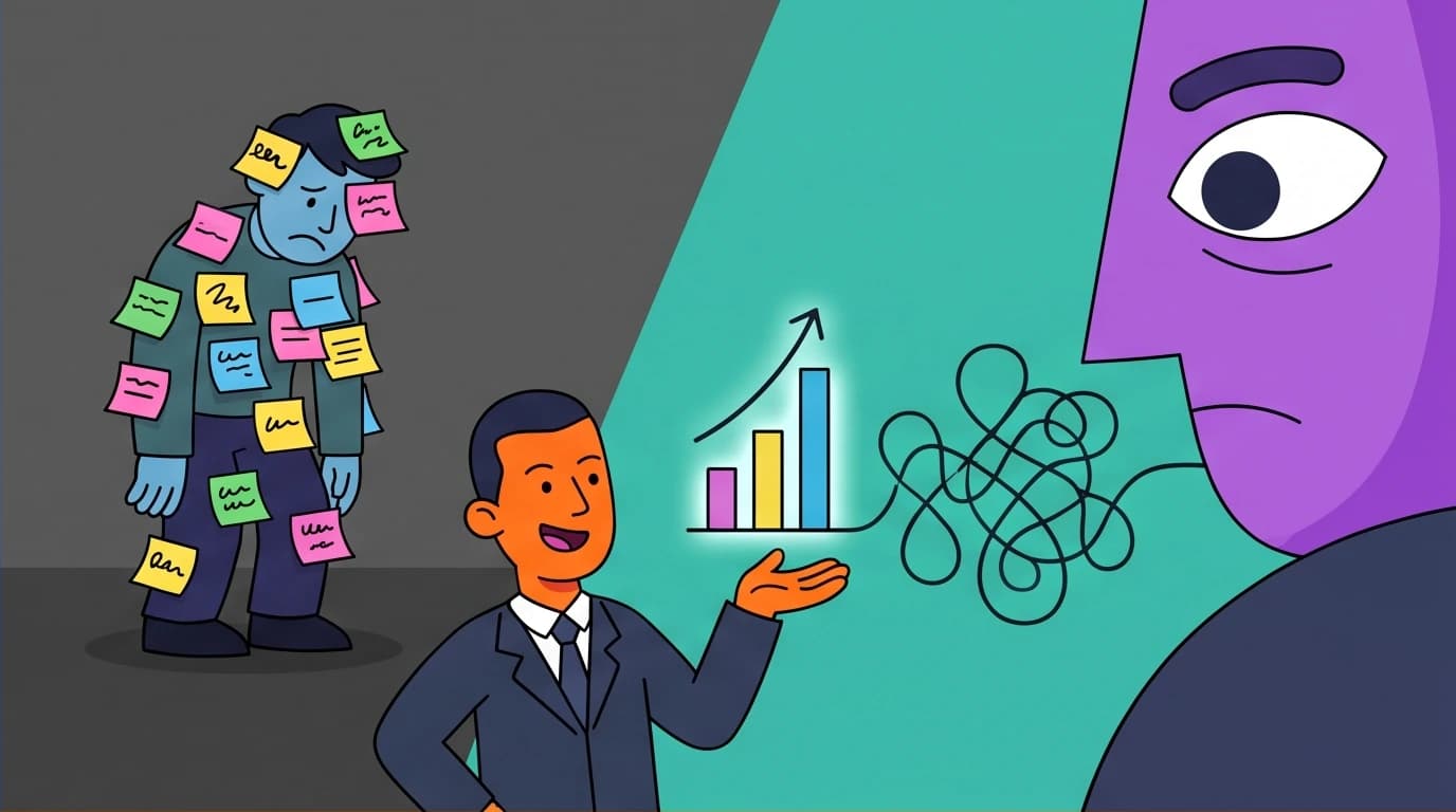Illustration contrasting a person stuck in low-value tasks versus a professional providing key insights, a core strategy for career success.