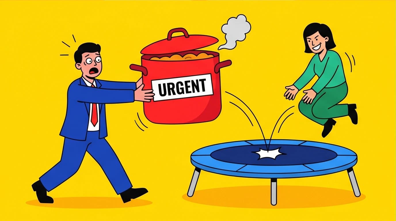 A visual guide on office communication skills, using humor to cleverly deflect a colleague passing the buck with unwanted urgent tasks.